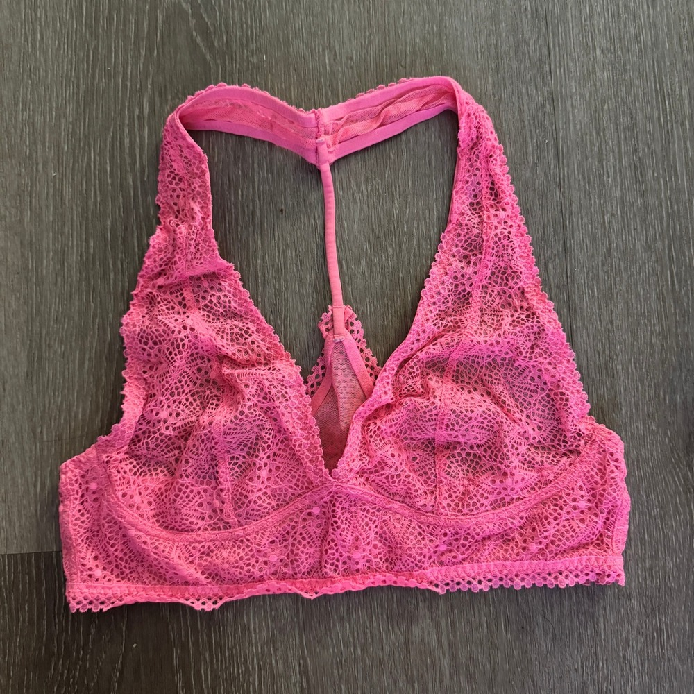 Victorias Secret Hot Pink Sheer Lace Racerback Bralette Large V-Neck T-Strap L